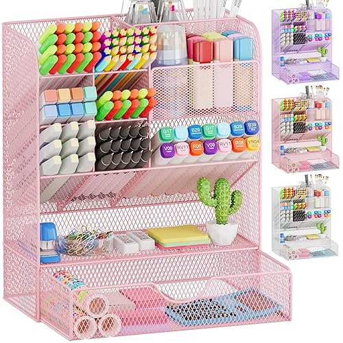 OPNICE Pen Holder for Desk Organizer, Desk Organizers and Accessories, Office Organization Desk Pencil Accessories Workspace Desktop Organizer for School Home Office Art Supplies（Pink） - Pink - Pen Holder