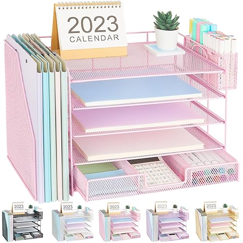 Gugsey Desk Organizer with File Holder, 5-tier Paper Letter Tray File Organizer with Drawer and Pen Holder, Desk Accessories & Workspace Organizers for Office Decor School Supplies Storage(Pink) - Pink