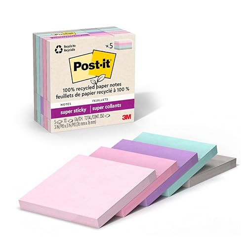 Post-it 100% Recycled Paper Super Sticky Notes, 2X The Sticking Power, 3x3 in, 5 Pads, 70 Sheets/Pad, Wanderlust Pastels Collection (654R-5SSNRP) - Wanderlust Pastels