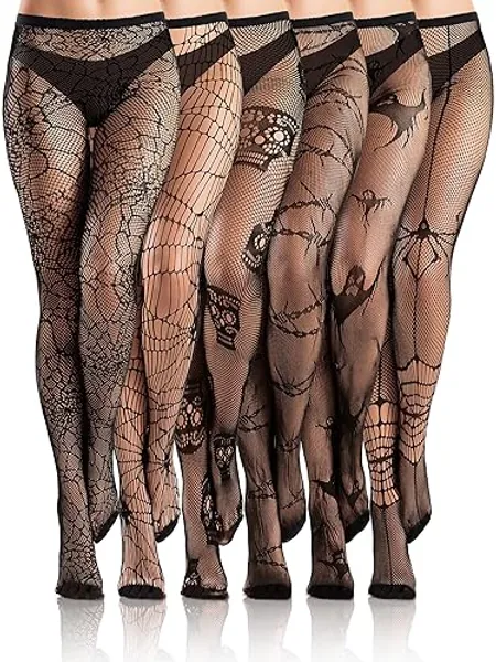 Ramede 6 Pairs Women Fishnet Thigh High Stockings Lace Waist Tights Patterned Goth Fishnet Legging Web Pantyhose for Women - Medium