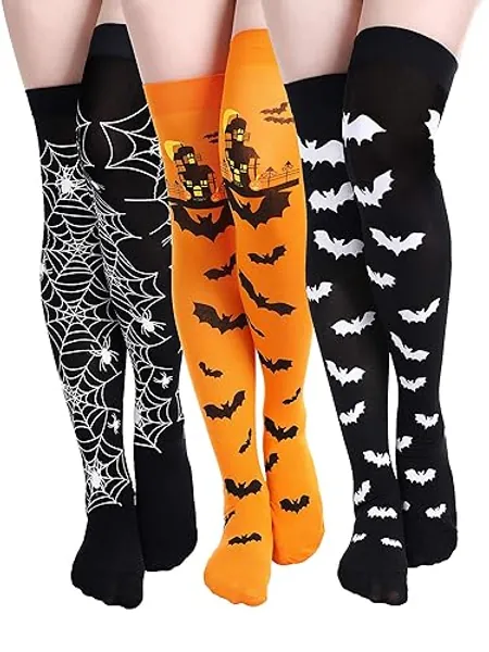 Boao Halloween Knee High Socks for Women Thigh High Long Over Knee Spider Bat Stockings Cosplay Halloween Costume Decoration - Medium - Color Set 1