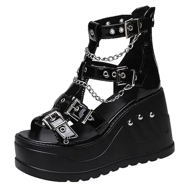 HINDOLA Black Platform Wedge Sandals for Women Comfortable Open Toe Gothic Ankle Strap Buckle Sandals Summer Wedges Heels Sandals - 8 - C/Patent Black