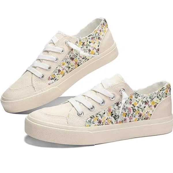 Obtaom Women's Play Fashion Sneaker White Color Washed and Leopard Canvas Slip on Shoes - 8 - Yellow Flower