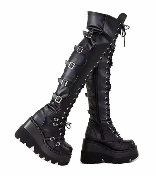 Gothniero Black Platform Boots Over Knee Thigh High Goth Boots for Women Chunky Heel Rave Motorcycle Boots with Buckles Side Zip Lace Boots Size5.5-10 - 8 - Black