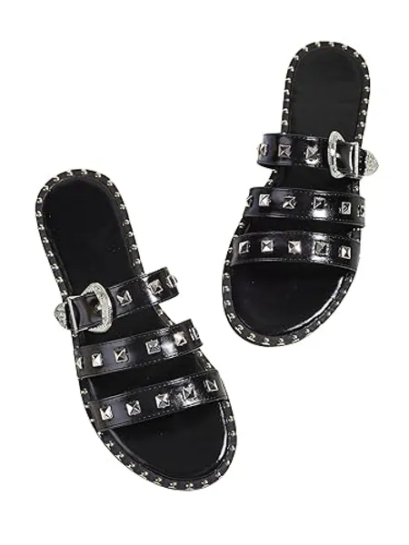 Verdusa Women's Studded Slide Sandals Punk Rivet Buckle Slip On Flats Sandals - 8 - Black