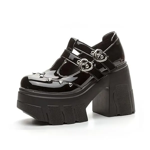 Women's Patent Leather Platform Mary Janes Pumps with Adjust Love Buckle Strap Fashion Comfort Round Toe Chunky High Heels Uniform Lolita Dress Shoes for Party Prom Date Wedding - Black - 8