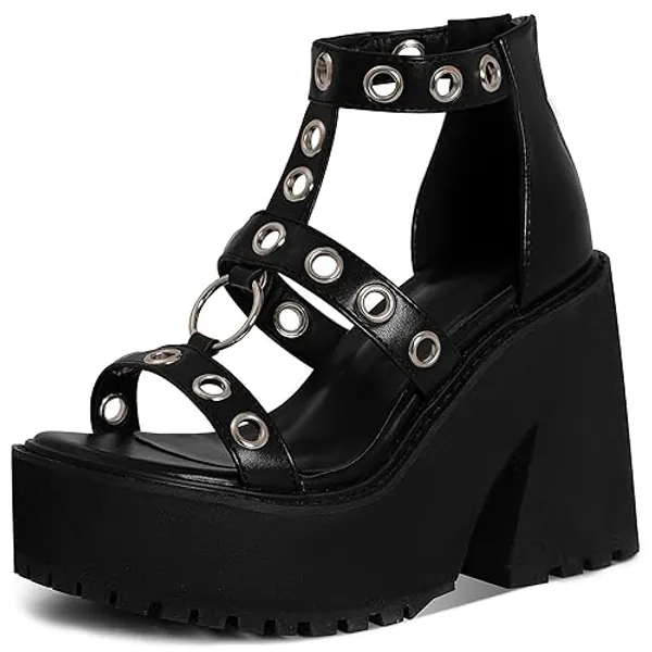 Goiphrri Platform Sandals for Women Chunky Heel Metal Rings Stunning Gladiator Open Toe Ankle Strap Black Punk Goth Party Sandals - 8 - Black