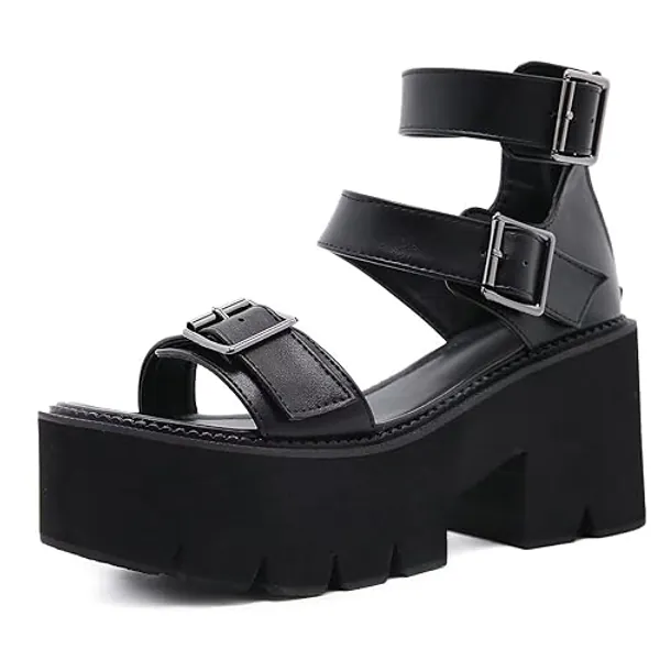 Agodor Women's Strappy Chunky Heeled Roman Gladiator Sandals High Heels Gothic Platform Open Toe Caged Shoes - 8 - Black3