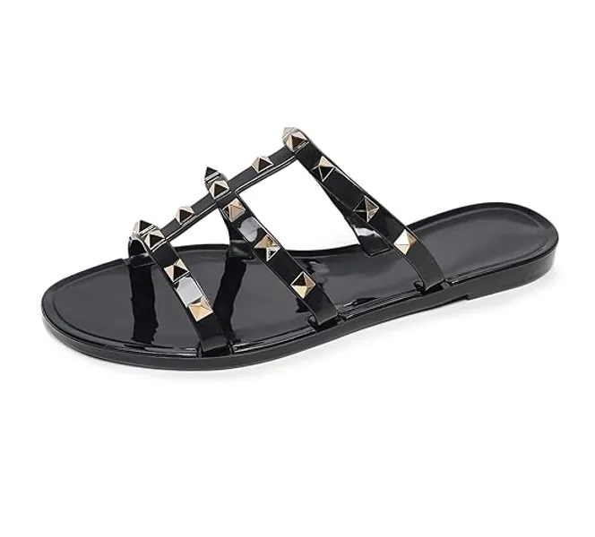 OMGard Women Flats Sandals, Studded Jelly Shoes Size 9 Red Dressy Summer Beach Rivets Strappy Jellies Slide Slip On Open Toes - 8 - Black