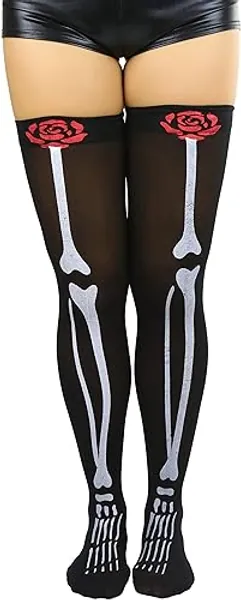 ToBeInStyle Women's Spooky Skeleton Bones Halloween Themed Novelty Fashion Scary Hosiery - One Size - Spooky Skeleton Leg Bones Thigh High Stockings W/ Rose - Black