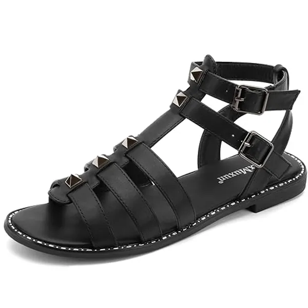 MaxMuxun Gladiator Sandals For Women Flat Ankle Strap Open Toe Strappy Summer Sandals With Studs - 8 - Black