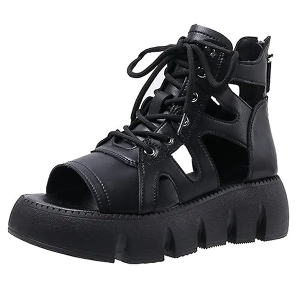Women's High Top Leather Platform Gladiator Sandals Sexy Peep Toe Lace up Back Zipper Wedge Sandals Comfortable Soft Roman Style Beach Shoes - 8 - Black