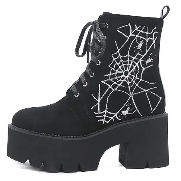 YIYA Women's Black Goth Platform Ankle Boots with Bat Wing Buckles Chunky Block Heels Round Toe Zipper Punk Motorcycle Combat Boots Comfy Short Gothic Booties - 8 - Black 19
