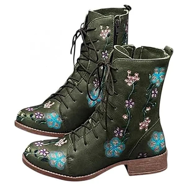 Hbeylia Combat Boots For Women Ethnic Vintage Flower Design Lace Up Leather Chunky Block Mid Heels Ankle Booties Boho Retro Casual Round Toe Dress Mid Calf Short Riding Boots Winter Fall Decor - 8 - Green