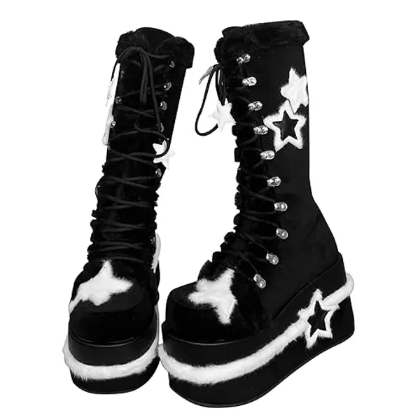 GURURU Women's Goth Boots with Star Shape Elements - Mid Calf, Chunky High Heel, Punk Goth, Warm Fur Platform Boots - 8 - Black