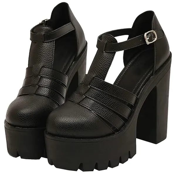 Trendenzy Womens Goth Platform Gladiator Sandals T Strap Chunky High Heels Pumps - 8 - Black