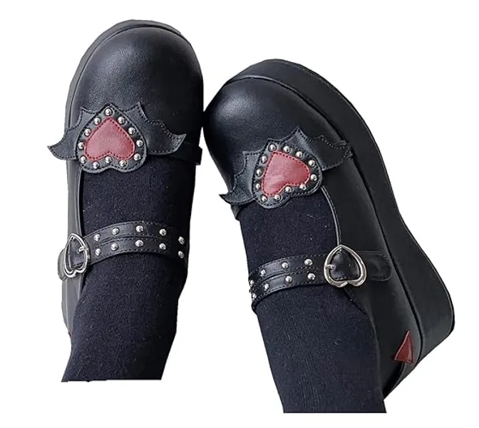 Women's Mary Jane Shoes Lolita Round Toe Block Heels Gothic Sweet Heart Floral Oxfords Ankle T-Strap Platform Dress Shoes Classic Gothic Pumps - 8 - Black