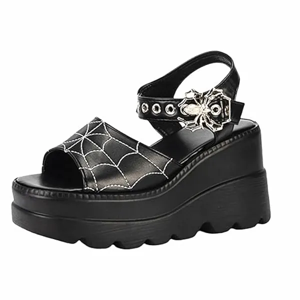 Gothniero women black platform sandals goth chunky wedge heel summer sandals girls gothic punk platform sandals for women metallic spider buckles slides size 5.5-11 - 8 - Black1