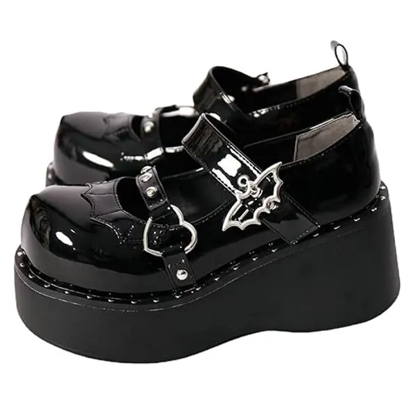 Parisuit Womens Lolita Platform Goth Shoes Mary Jane Wedge Heels Pumps Ankle Strap Round Toe Punk Cosplay Shoes - 8 - Black