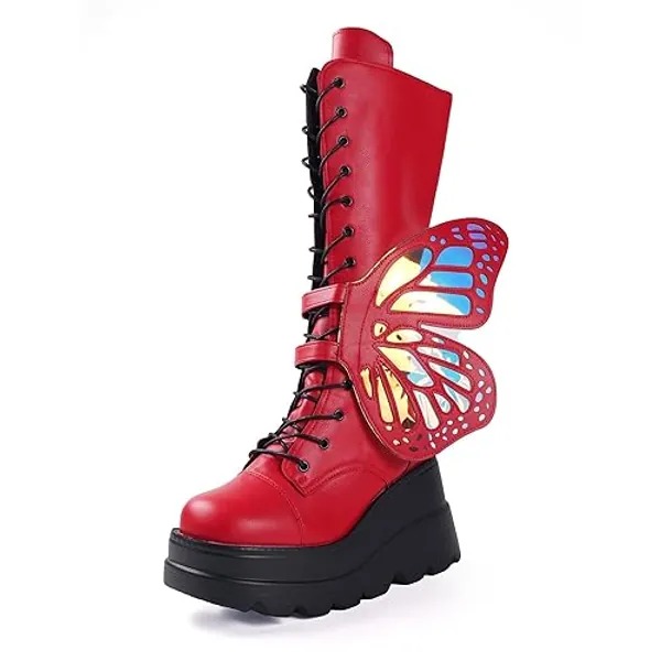 SACFOF Women Platform Punk Goth Mid Calf Boots Chunky High Heel Side Zip Butterfly Wings Knee High Motorcycle Combat Booties - Red - 8