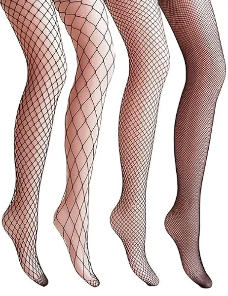 VERO MONTE Women Patterned Fishnet Tights Black Fishnets Net Stockings Pantyhose - One Size - Vital Diamonds, Black, 4 Pairs 4 Styles