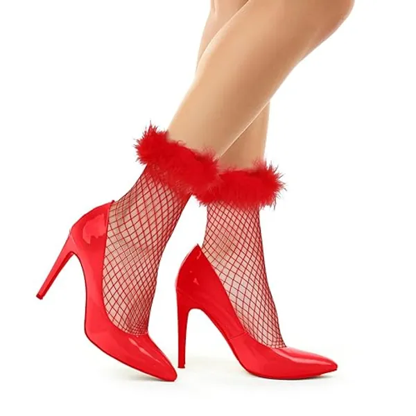 Benefeet Sox Womens Ruffle Fishnet Socks With Fake Feather Cuffs - Decorated Mesh Lace, Fancy Pretty Frilly Design - One Size - Red