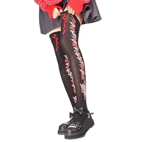 Thigh High Stockings Over Knee Socks JK Tights Kawaii Hand Knitted Rose Pattern Stockings for Women
