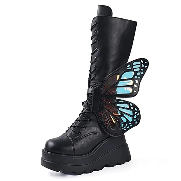 SACFOF Women Platform Punk Goth Mid Calf Boots Chunky High Heel Side Zip Butterfly Wings Knee High Motorcycle Combat Booties - Black - 8