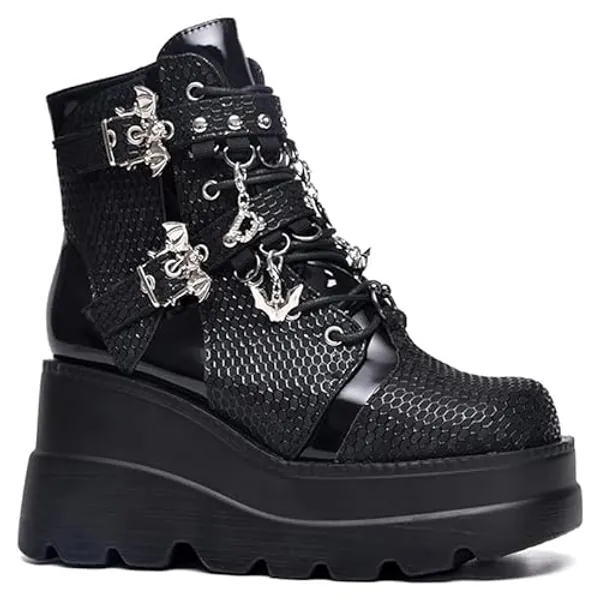 SONALOONG Goth Chunky Ankle Boots for Women - Bat Buckle DIY Platform,Zip Round Toe Lace Up Combat Bootie, Wedge Rave Boots Black Punk Shoes - Light Weight & Waterproof - 9 - Black