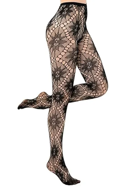 HONENNA Patterned Fishnets Tights Black Pantyhose Stockings for Women, 1-6 Pairs - One Size - 1 Pack Style E