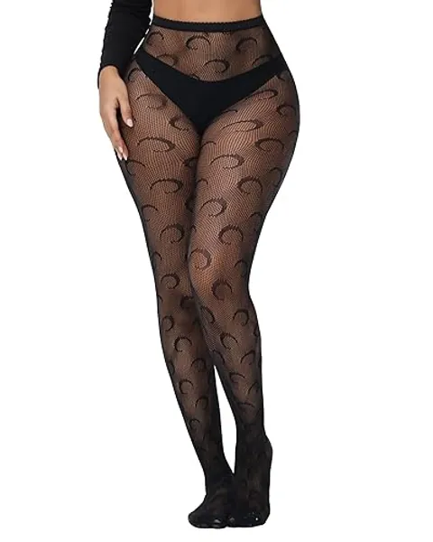 XIUSEMY Women Sexy Tights Fishnet Stockings Patterned Leggings Thigh-High Black Socks Lace Pantyhose - One Size - Black Type7