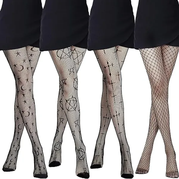 SATINIOR 4 Pcs Halloween Fishnet Tights Spiderweb Tights Goth Skull Fishnet Stocking for Women(Star, Moon)