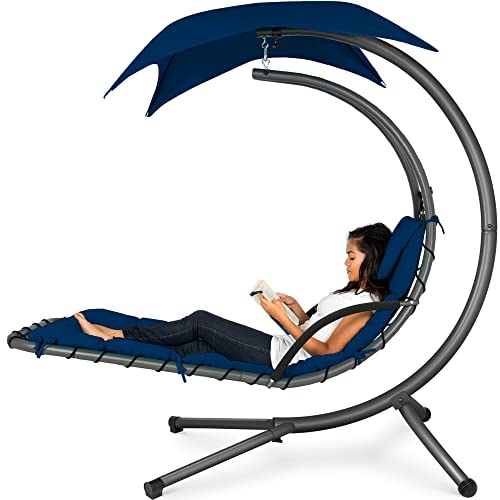 Best Choice Products Outdoor Hanging Curved Steel Chaise Lounge Chair Swing w/Built-in Pillow and Removable Canopy - Navy Blue - Navy Blue