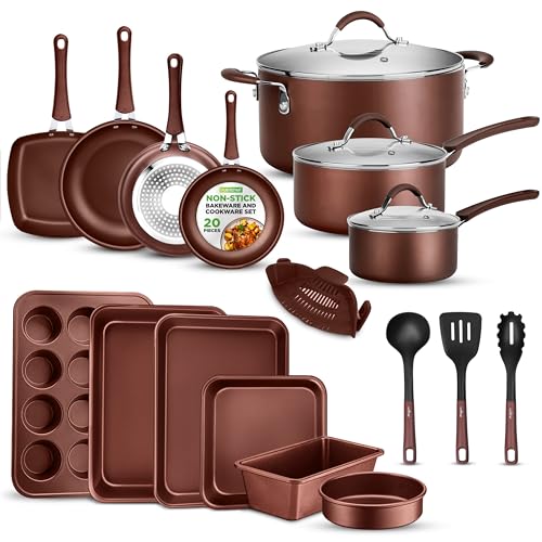 NutriChef 20 Piece Professional Home Kitchen Cookware and Bakeware, Pots and Pans Set Non Stick Kitchenware, Cool-Touch Handles, Safe for Gas, Electric, Induction Cooktops, Easy Clean, Brown - Brown