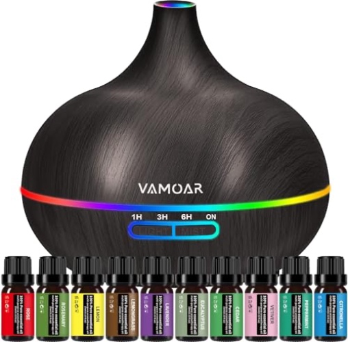 Essential Oil Diffuser Gift Set,10 essential oil,550ml Oil Diffuser & Essential Oil Diffusers with 4 Timer &Auto Shut-Off for & 15 Ambient Light Settings - Dark Brown