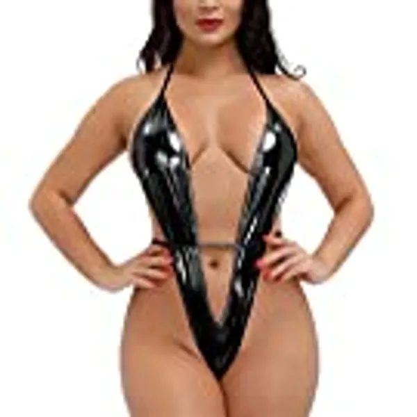ROSVAJFY Women's Bodysuit,Sexy Teddy Babydoll,One Piece Lingerie Set,PVC Deep V Negligee,Transparent Halter Corset,Hot Patent Leather Swimsuit for Cosplay Costume(Black Red Blue Gold)