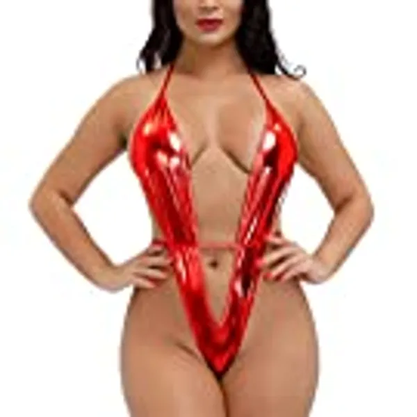 ROSVAJFY Women's Bodysuit,Sexy Teddy Babydoll,One Piece Lingerie Set,PVC Deep V Negligee,Transparent Halter Corset,Hot Patent Leather Swimsuit for Cosplay Costume(Black Red Blue Gold)