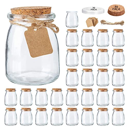 Brajttt Glass Jars, 30 Pieces (Pack of 30), Clear | 7 oz | Wedding Favors, Honey Pot | Cork Lids | Label Tags, String - 30