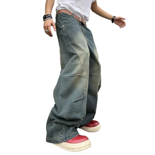 DFGIGT Men's Irregular Sutures Y2k Hip Hop Baggy Jeans Wide Leg Denim Pants Casual Loose Fit Trousers Streetwear - Medium - A11 Blue
