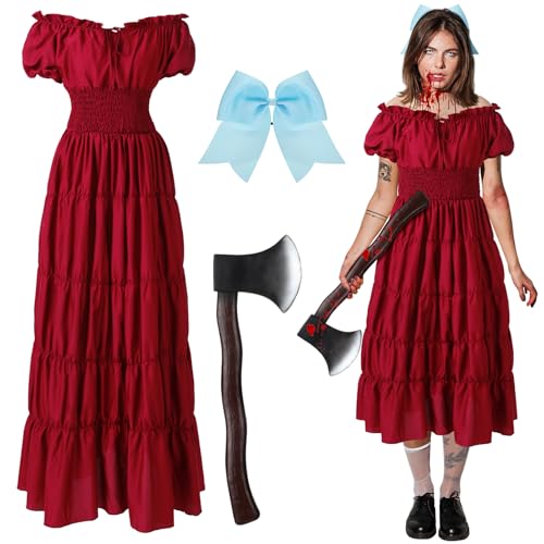 Maiteenly 3 Pcs Halloween Horror Movie Costume Women Costume Accesories Set Red Dress Foam Axe Hair Bows for Cosplay Party - Large