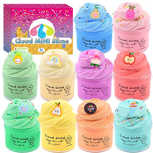 Scented Cloud Slime Kit 10 Pack, with Peach, Apple, Rainbow and Pineapple Cute Slime Charms, Soft and Non-Sticky, for Kids Party Fun Stress Relief Toy