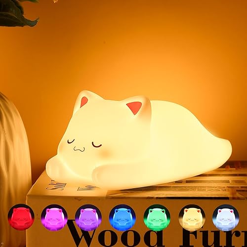Night Light for Kids Cute Cat Lamp, 16 Colors+Tap+Silicone Kids Night Light for Kids Night Light,USB Rechargeable Cat Night Lights for Kids Room,Girls Bedroom Decor Cat Decor Nightlight for Kids Room - Sleeping Cat