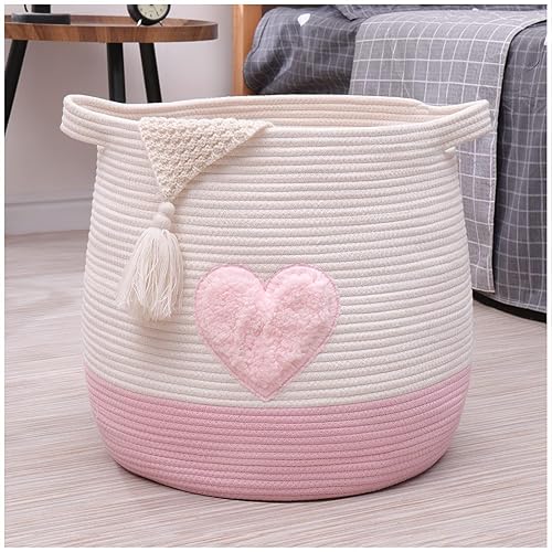 childishness ndup Large Cotton Rope Basket, Woven Storage Basket for Toy, Laundry and Blanket Organizer Basket, Round Hamper Basket with Handles for Kid's Room 17.7"x16.9" - pink - Cottage