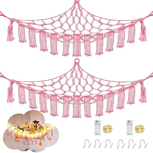 CERETIA Stuffed Animal Hammock with LED Light, 2 Pack Toy Hammock for Stuffed Animals Storage for Kids, Stuffed Animal Hammock Corner, Pink - Large-(Package of 2) - Pink