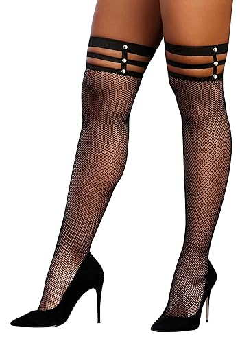 Dreamgirl Women's Fishnet Thigh High Stockings with Strappy Elastic Top Sockshosiery, black, One Size - One Size - Black