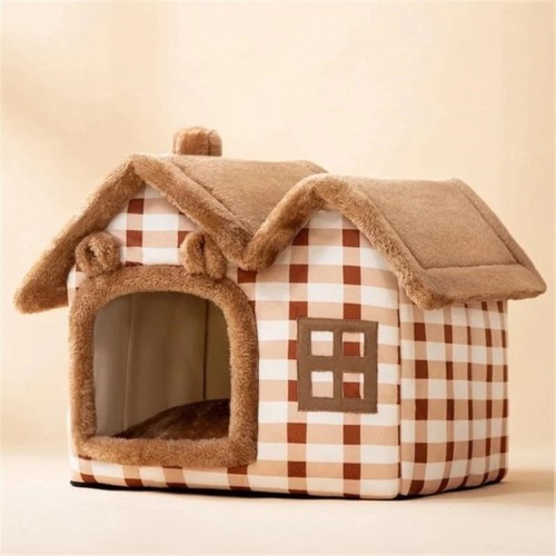 Removable Roof Plush Pet House - Brown / M