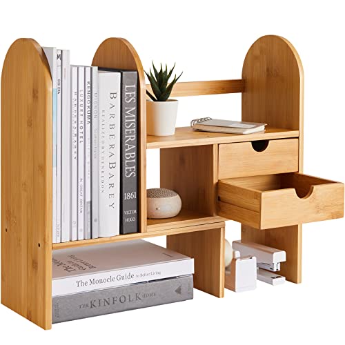 FURNINXS Bamboo Desktop Bookshelf Organizer, Adjustable Office Shelves Storage Rack, Expandable Natural Wood Display Stand Shelf, Office Supplies Home Desk Decor