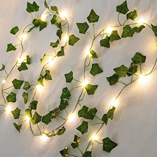 2 Pack 6.56 Ft Green Ivy Leaves Fairy String Lights Battery Operated, 80 LEDs Battery Powered Artificial Garland Plant Vine Fairy Light for Bedroom Wedding Party Holiday Patio Decor（Warm White） - Ivy Vine - ⭐6.56FT 2Pack