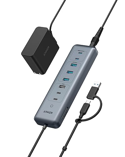 Anker USB-C Hub,11-in-1 10Gbps Data Hub with 4 USB-A and 4 USB-C Ports, 100W USB-C PD-in, Card Reader, 2-in-1 USB Connector, for USB-A and USB-C Laptop, MacBook, iPad and More (65W Adapter Included) - 11-in-1