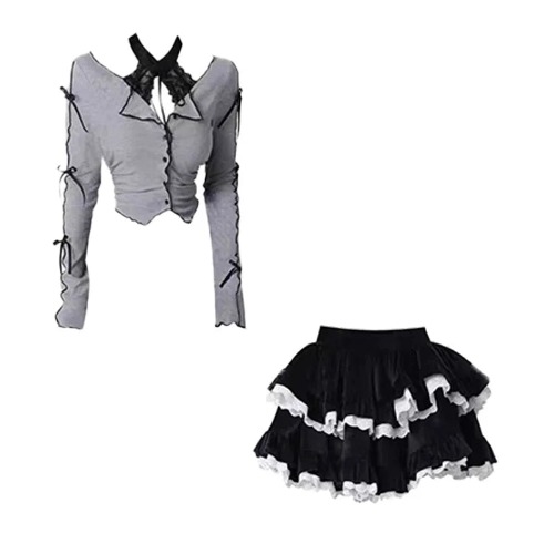 Grey Black Kawaii Lolita Two Piece Skirt and Top Set - 2 piece set / Size S(40-45Kg)